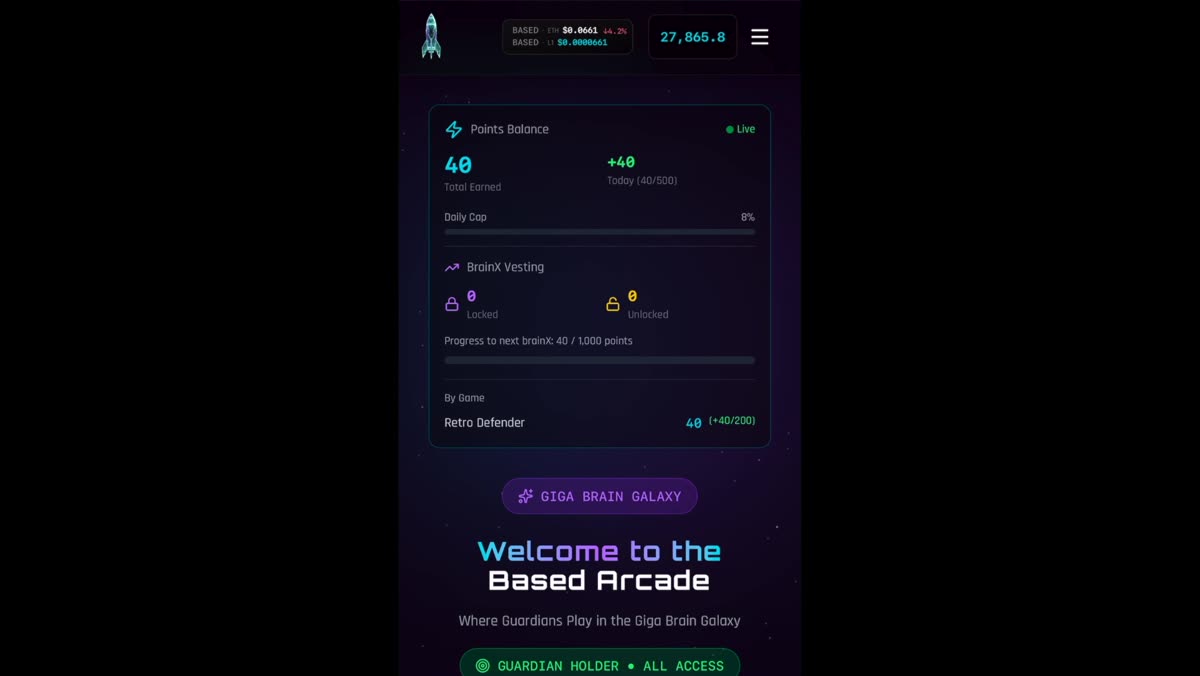 Screen capture of the Based Arcade app interface: points balance, vesting progress, and the Retro Defender game entry